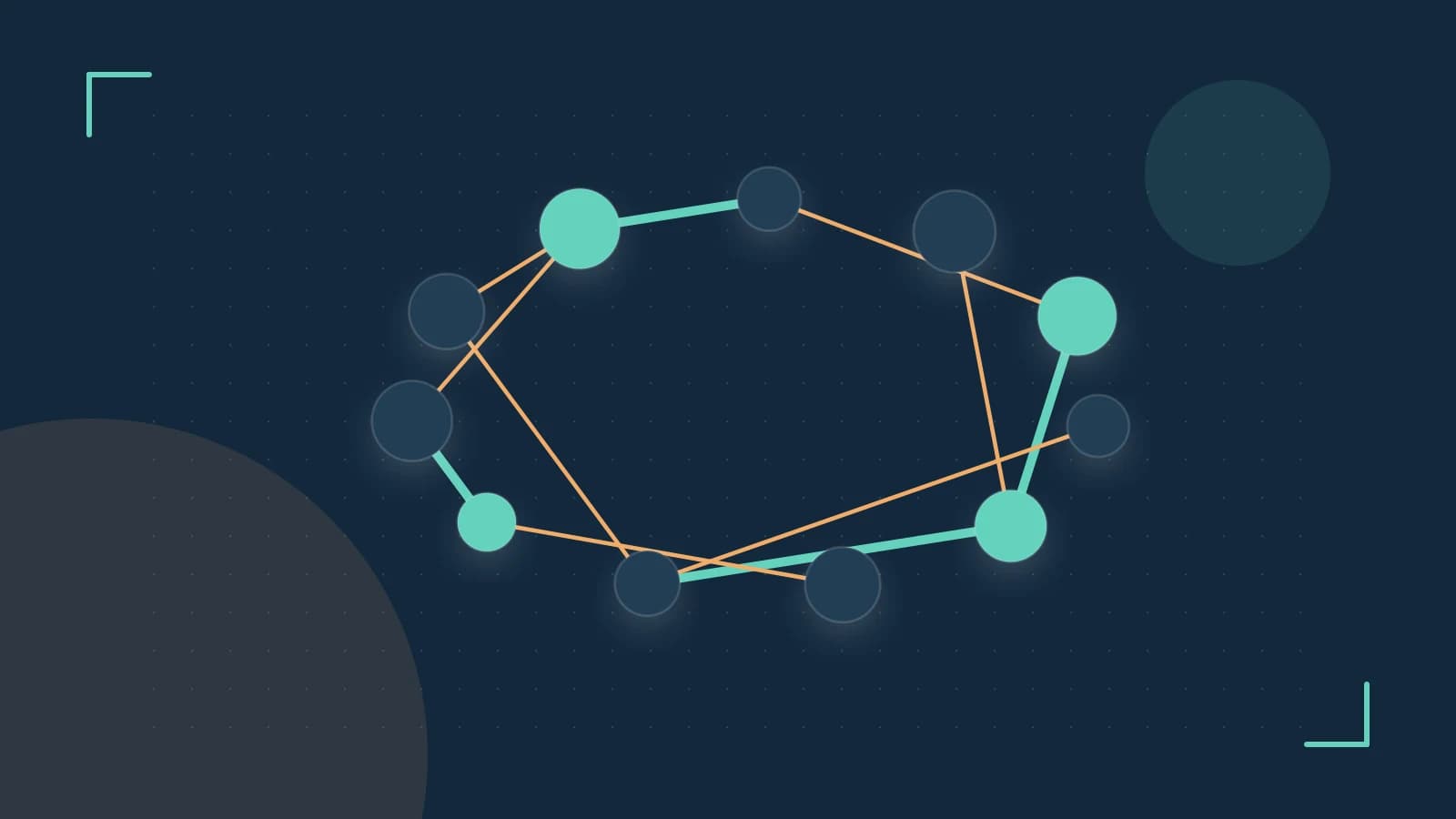 Editorial illustration of an algorithmic node graph with branching paths and a highlighted result