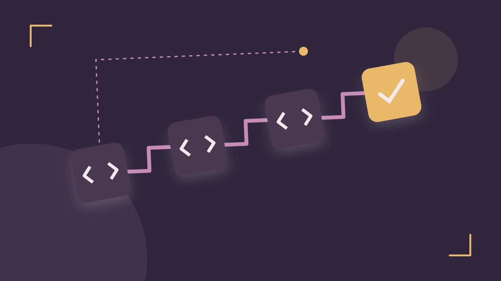 Editorial illustration of a branching build pipeline, staged transformations and a completed check