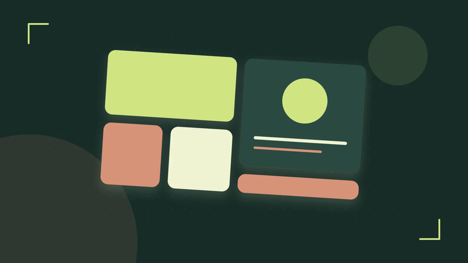 Editorial illustration of responsive browser layouts, overlapping design components and a color system