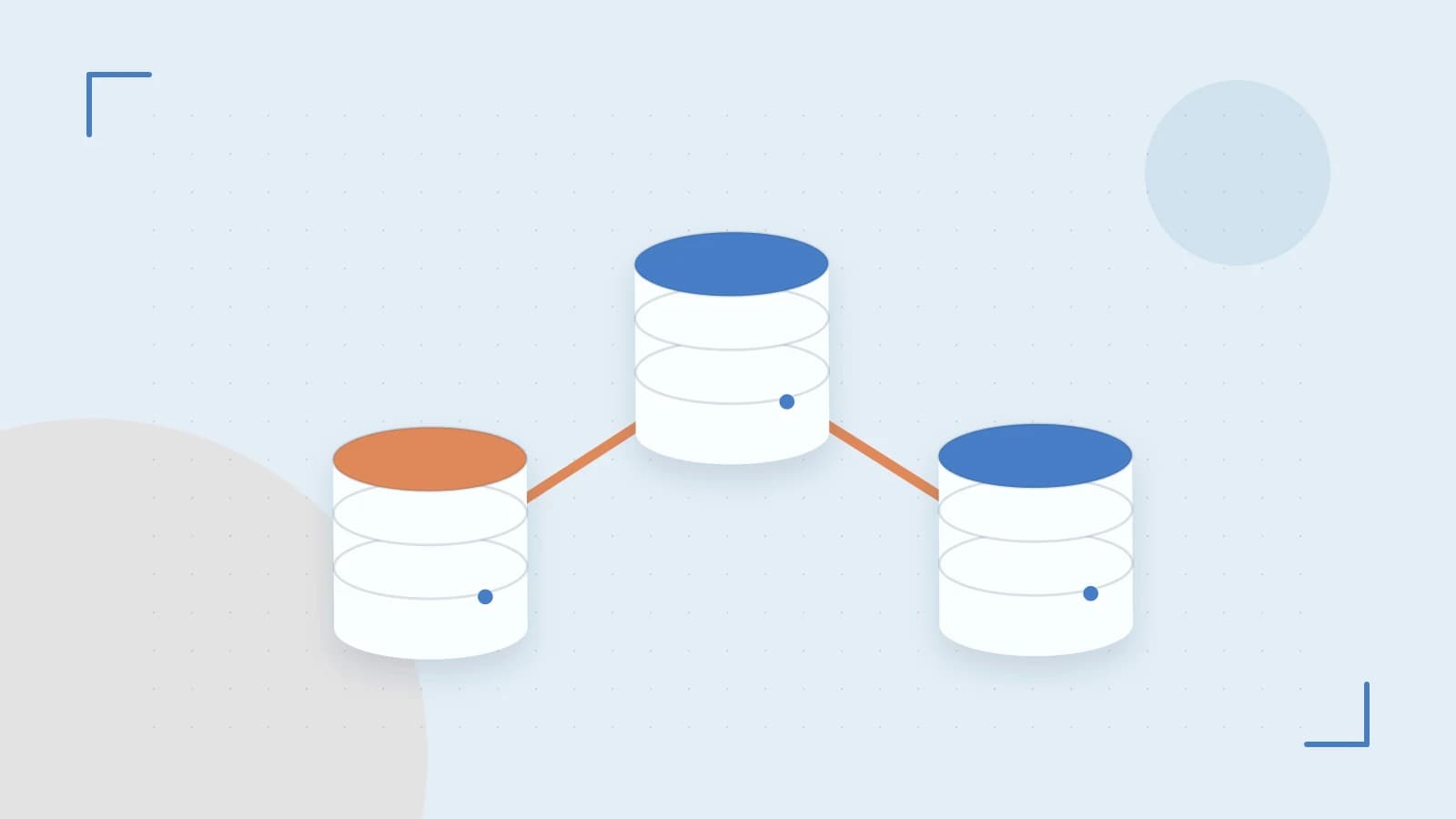 Editorial illustration of structured records, database cylinders and relationships between tables