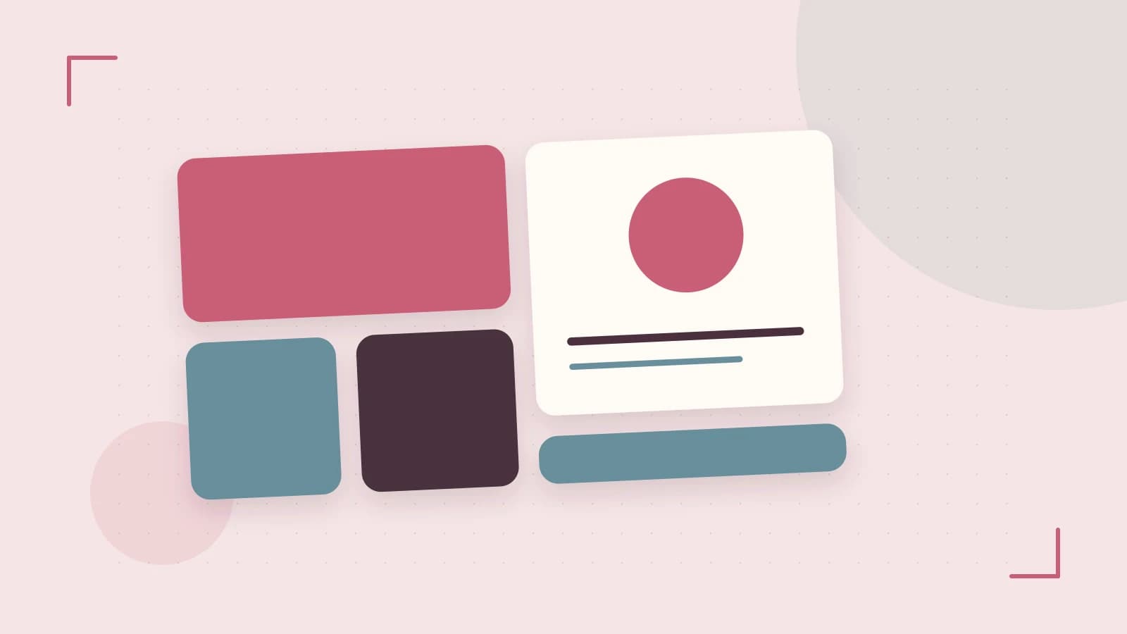 Editorial illustration of responsive browser layouts, overlapping design components and a color system
