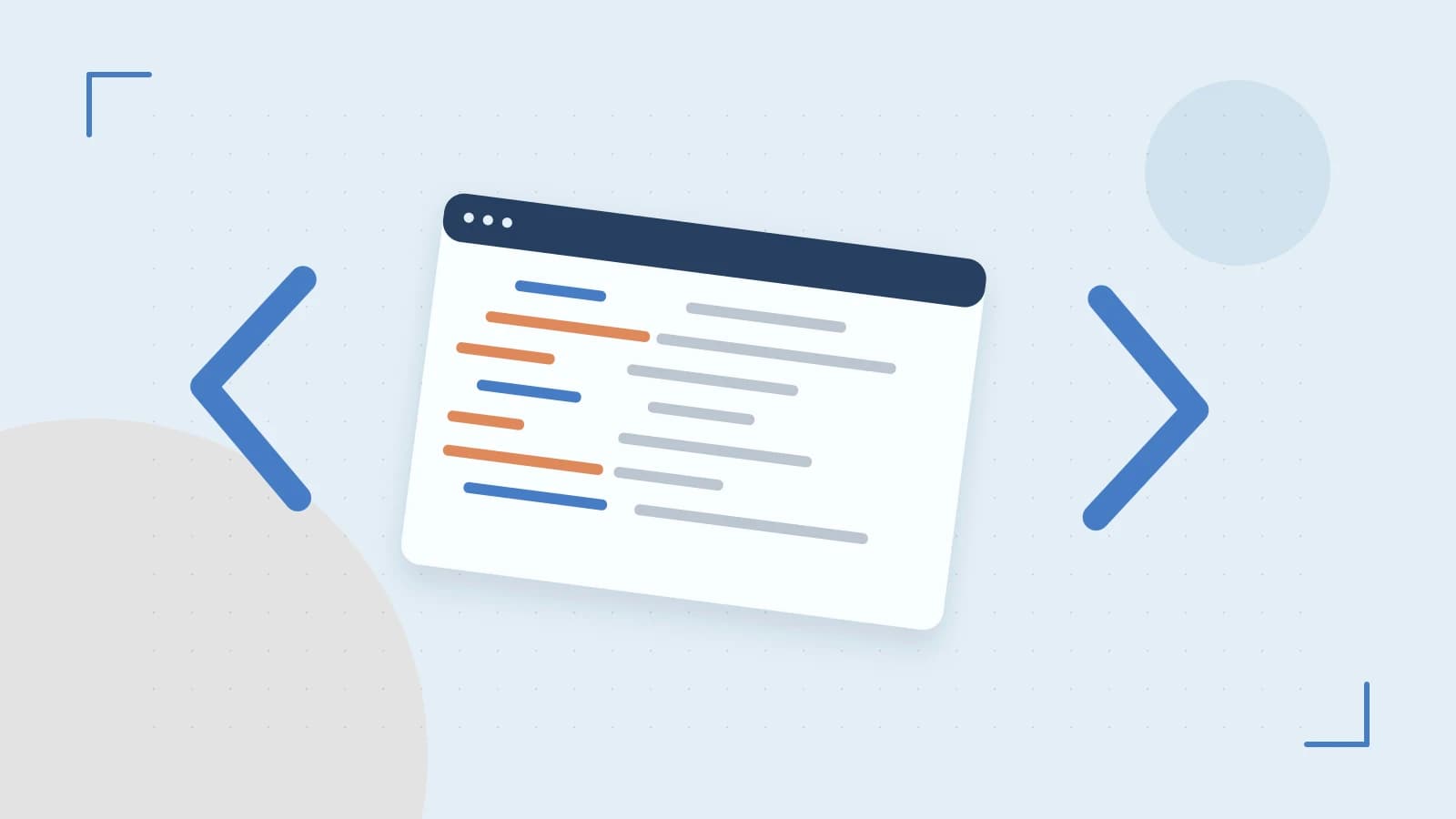 Editorial illustration of an abstract code editor, syntax blocks and oversized programming brackets