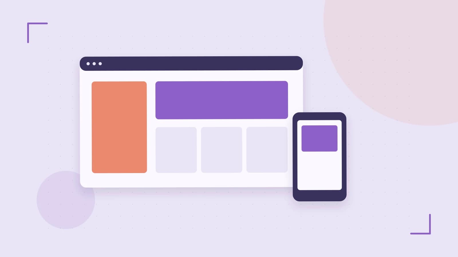 Editorial illustration of responsive browser layouts, overlapping design components and a color system