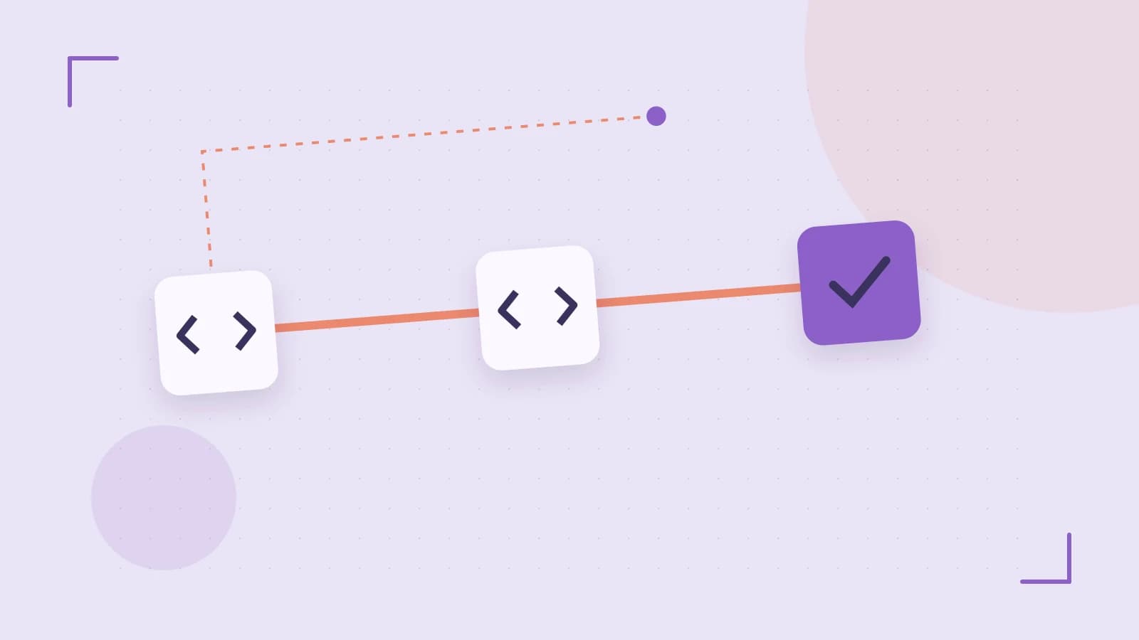 Editorial illustration of a branching build pipeline, staged transformations and a completed check