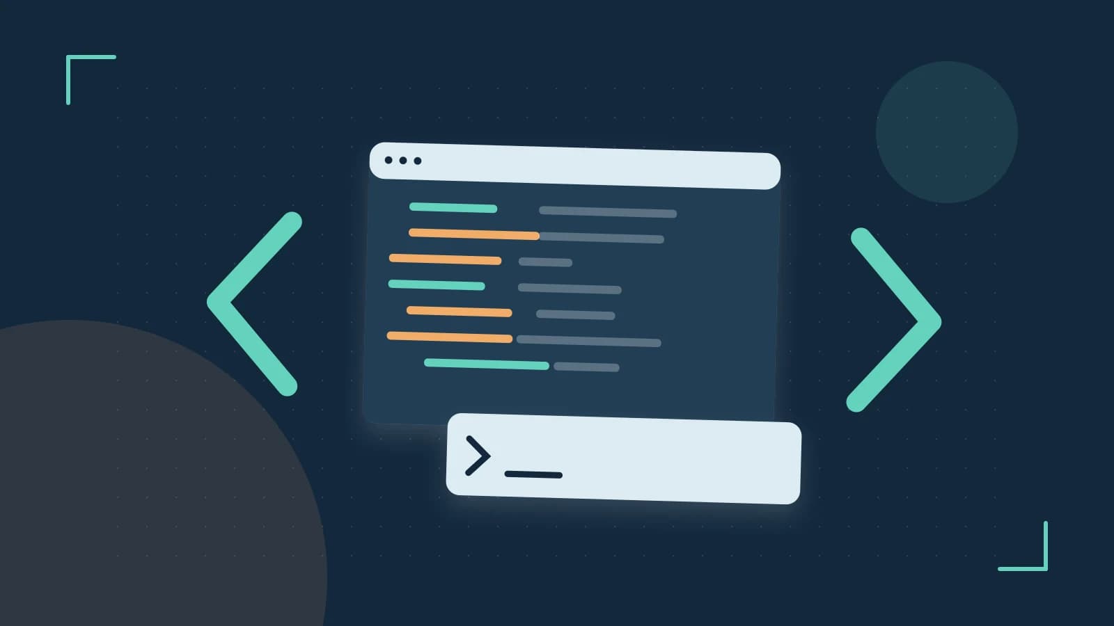 Editorial illustration of an abstract code editor, syntax blocks and oversized programming brackets