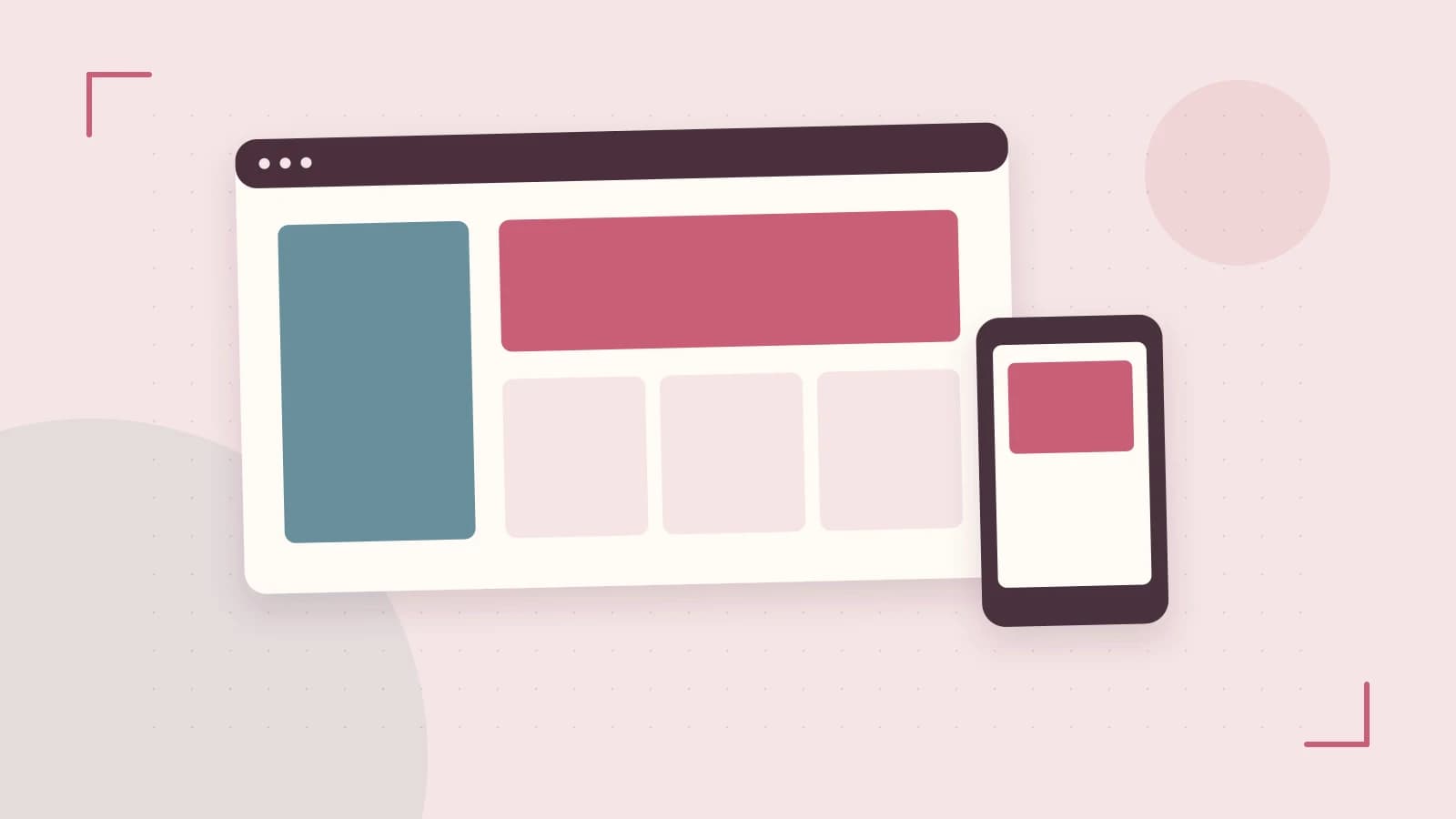 Editorial illustration of responsive browser layouts, overlapping design components and a color system