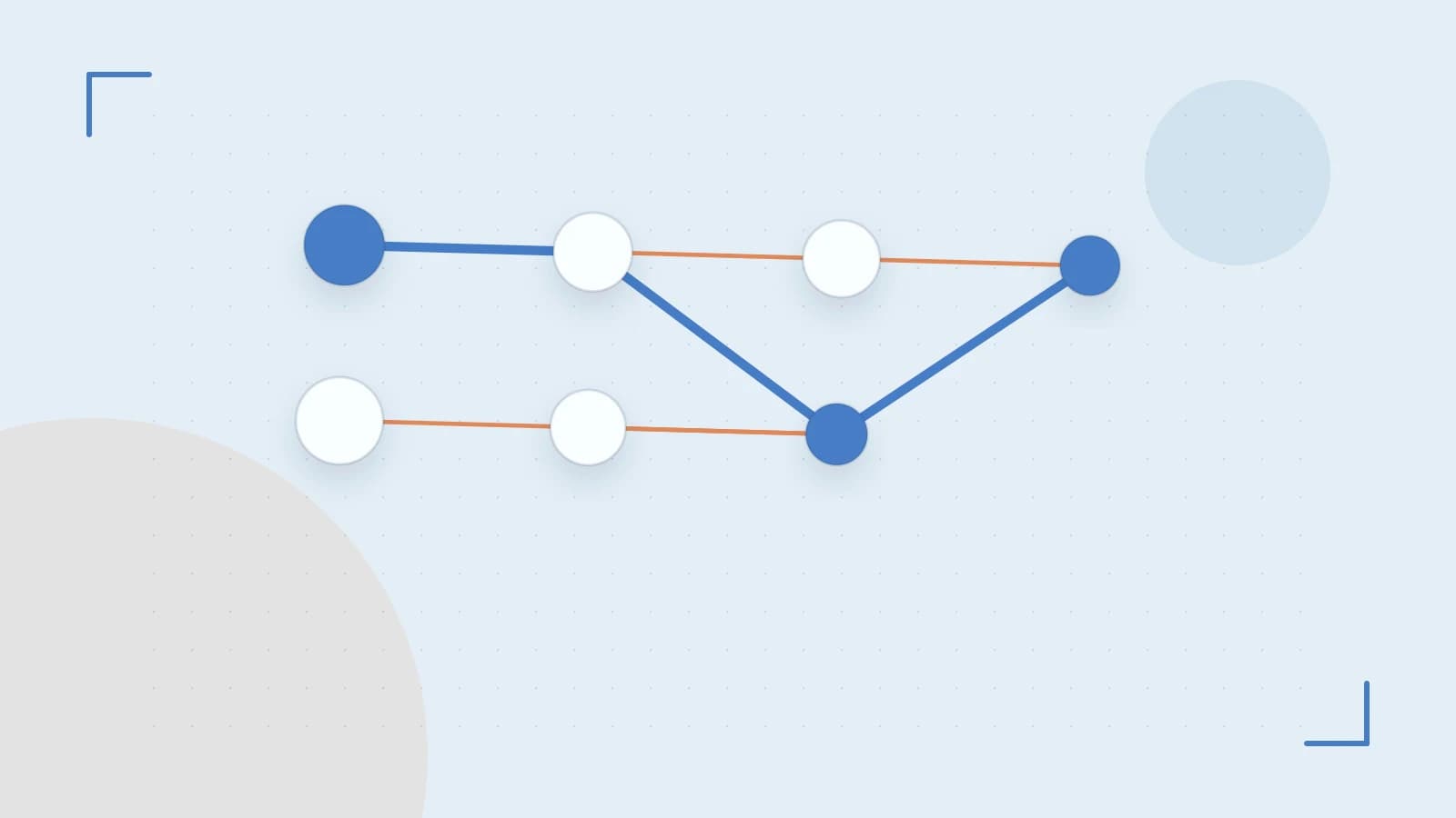 Editorial illustration of an algorithmic node graph with branching paths and a highlighted result