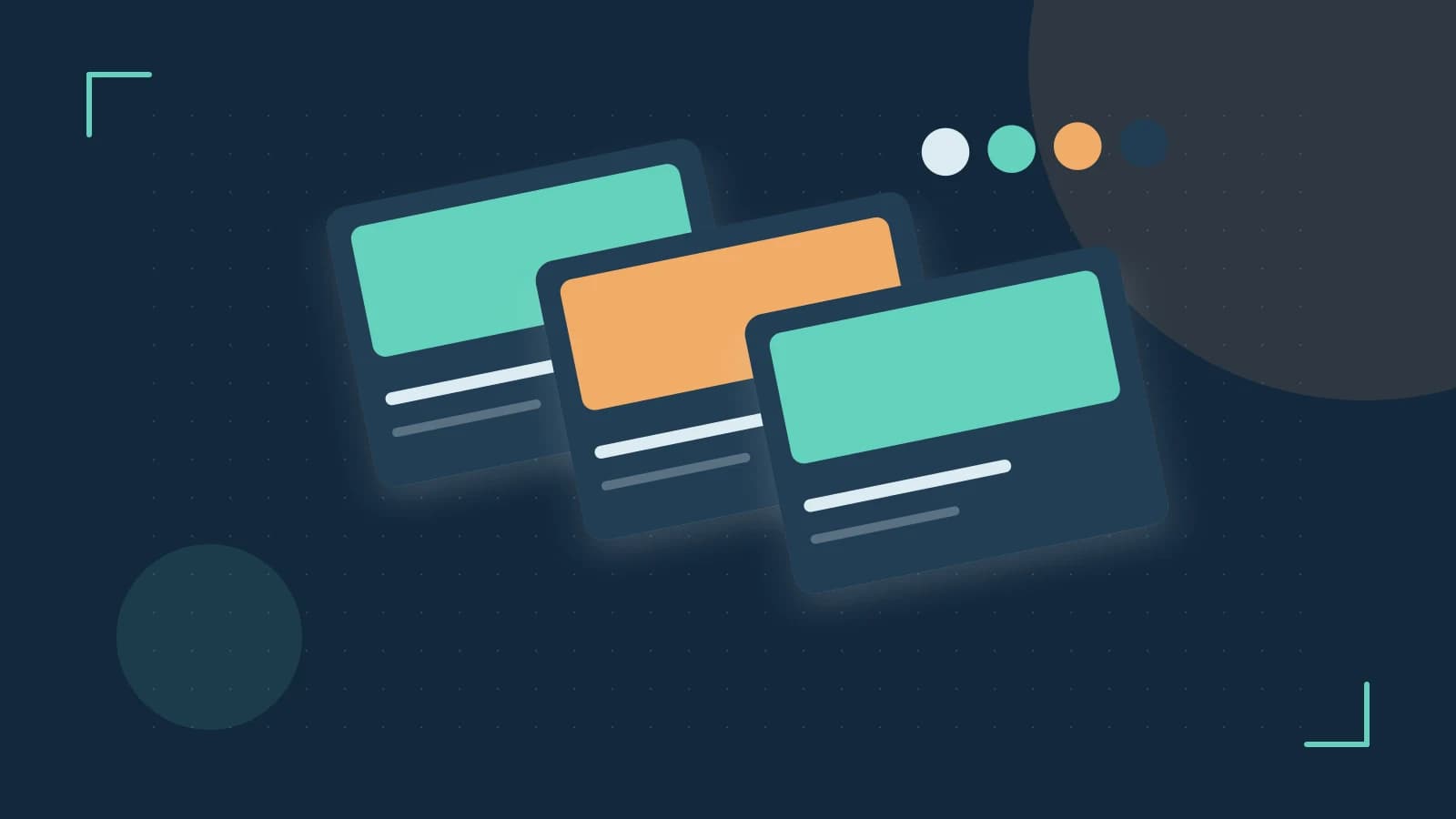 Editorial illustration of responsive browser layouts, overlapping design components and a color system