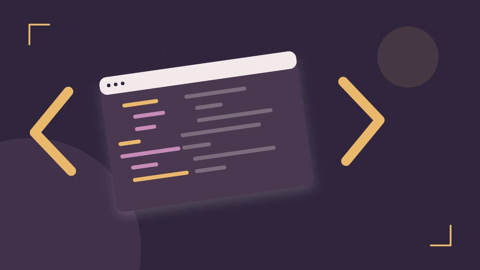 Editorial illustration of an abstract code editor, syntax blocks and oversized programming brackets