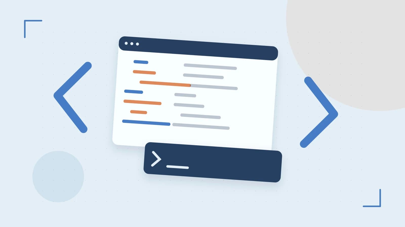 Editorial illustration of an abstract code editor, syntax blocks and oversized programming brackets