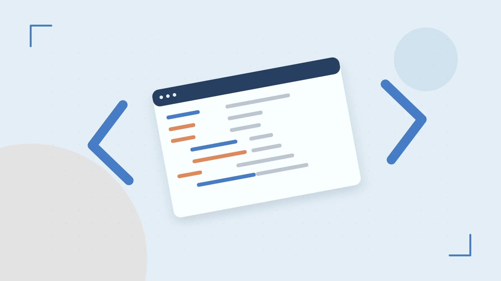 Editorial illustration of an abstract code editor, syntax blocks and oversized programming brackets