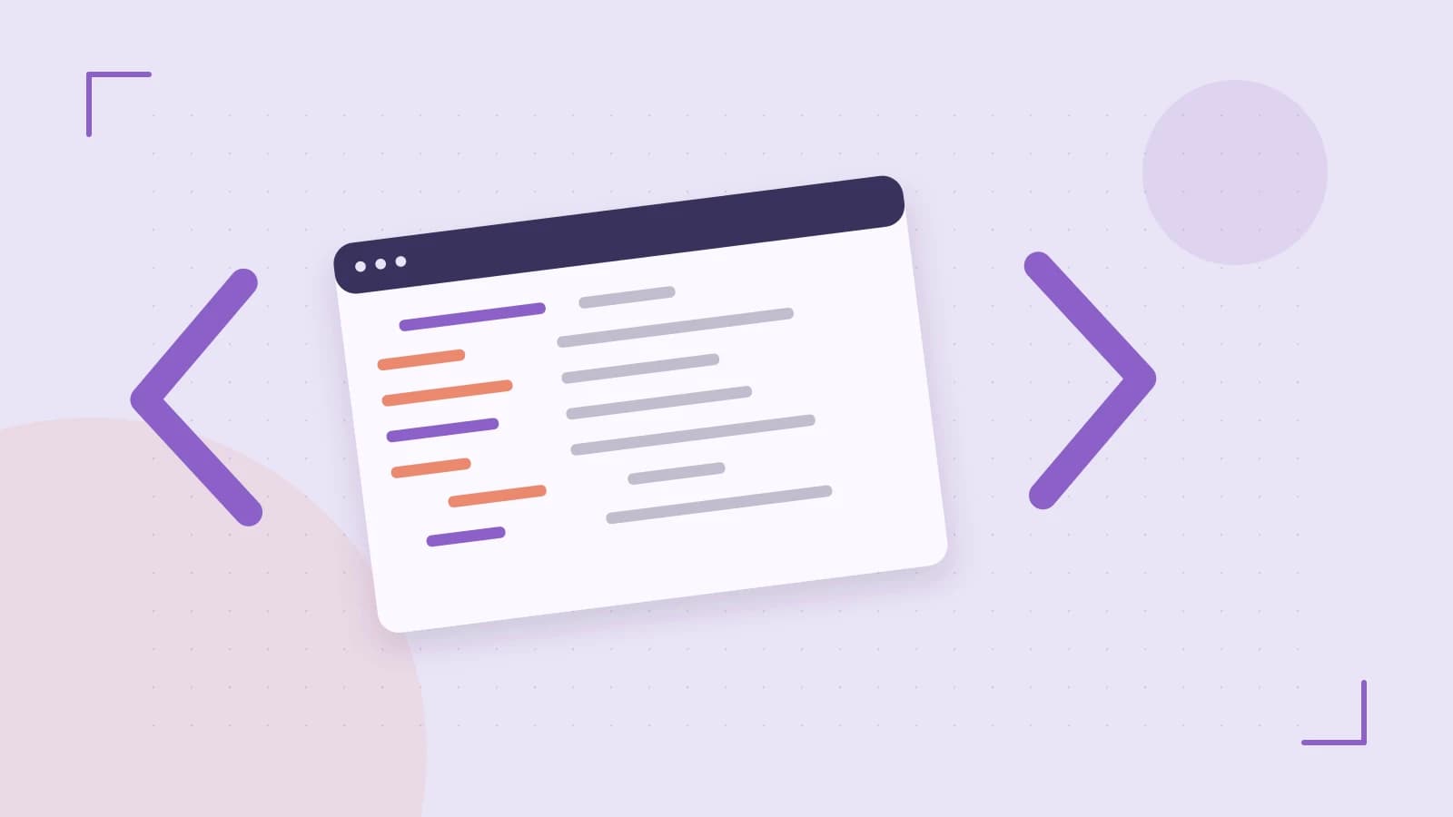 Editorial illustration of an abstract code editor, syntax blocks and oversized programming brackets