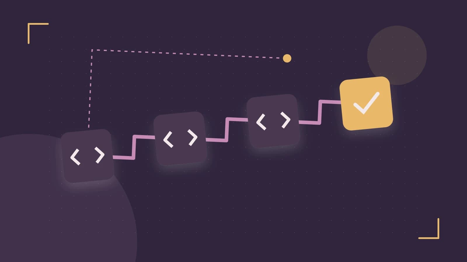 Editorial illustration of a branching build pipeline, staged transformations and a completed check