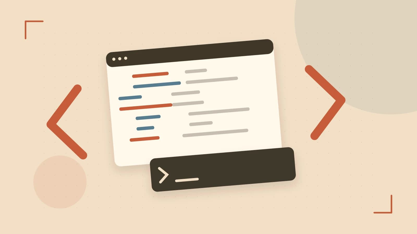 Editorial illustration of an abstract code editor, syntax blocks and oversized programming brackets