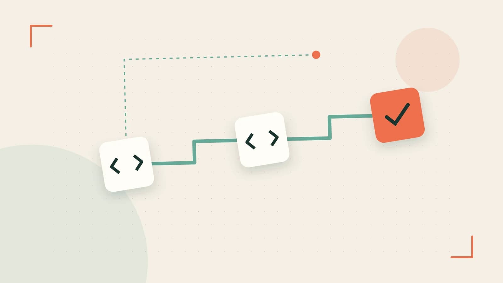 Editorial illustration of a branching build pipeline, staged transformations and a completed check