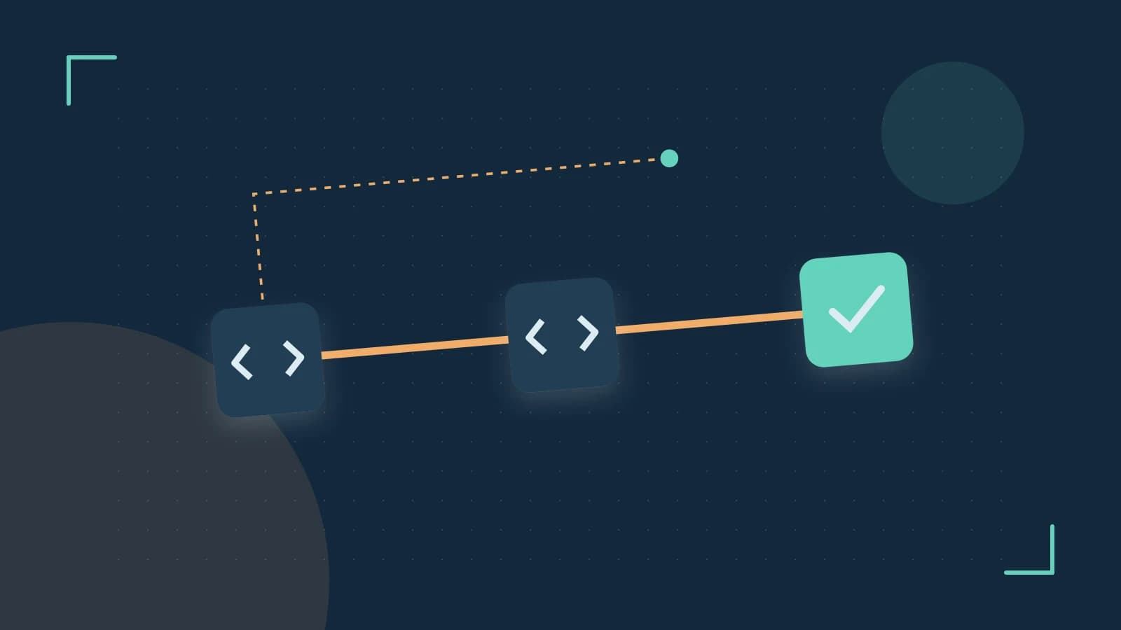 Editorial illustration of a branching build pipeline, staged transformations and a completed check