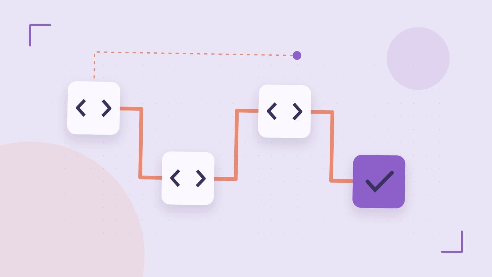 Editorial illustration of a branching build pipeline, staged transformations and a completed check