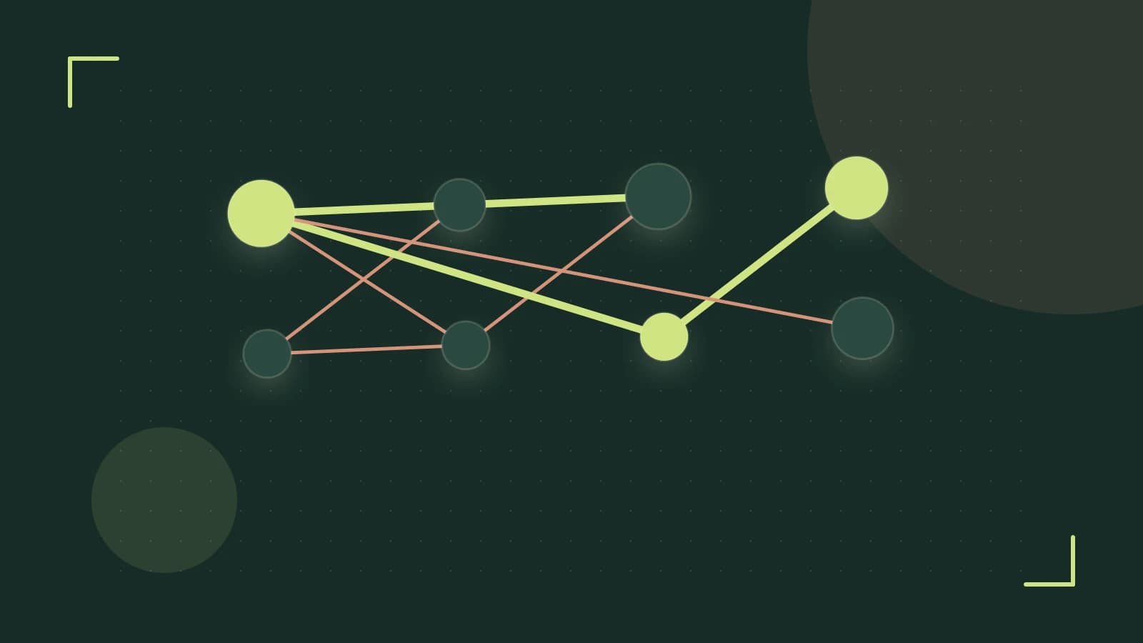 Editorial illustration of an algorithmic node graph with branching paths and a highlighted result
