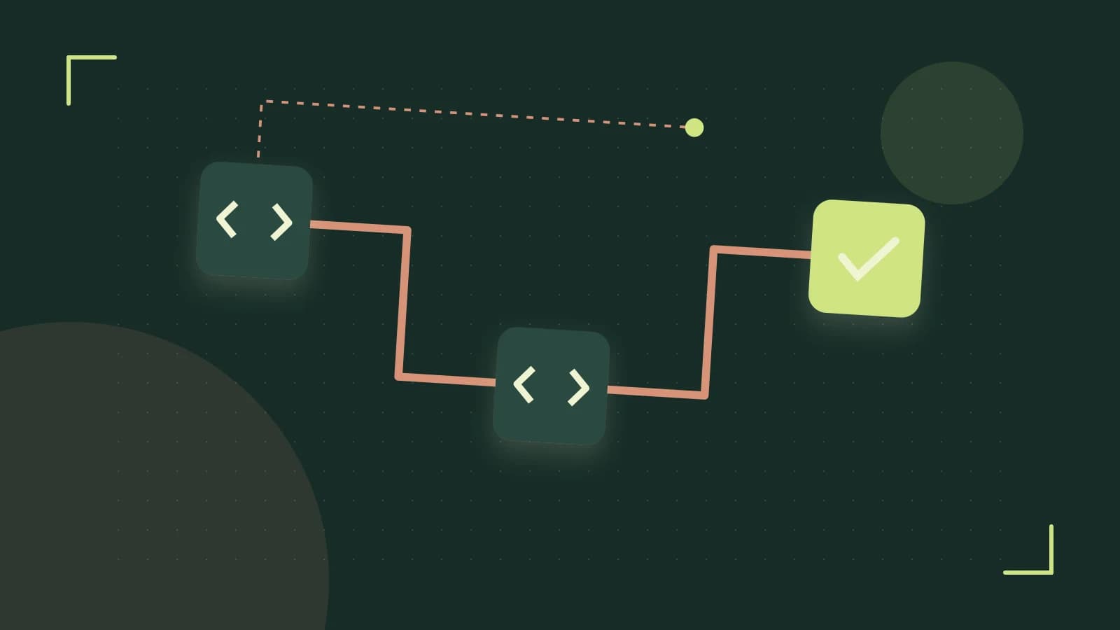 Editorial illustration of a branching build pipeline, staged transformations and a completed check