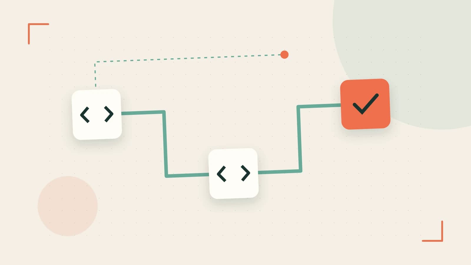 Editorial illustration of a branching build pipeline, staged transformations and a completed check