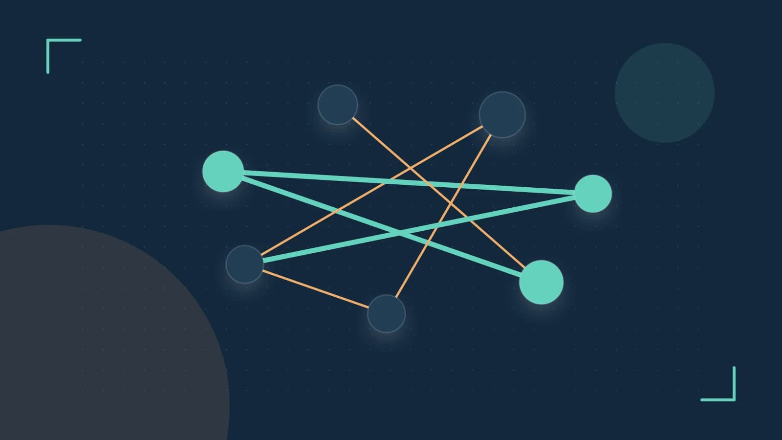 Editorial illustration of an algorithmic node graph with branching paths and a highlighted result
