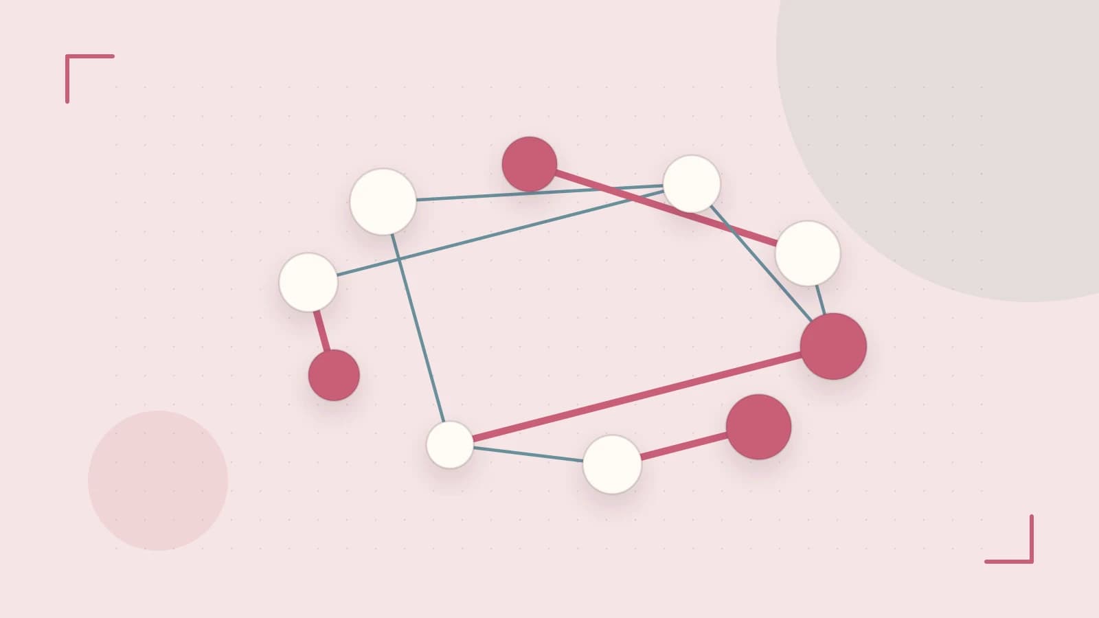 Editorial illustration of an algorithmic node graph with branching paths and a highlighted result