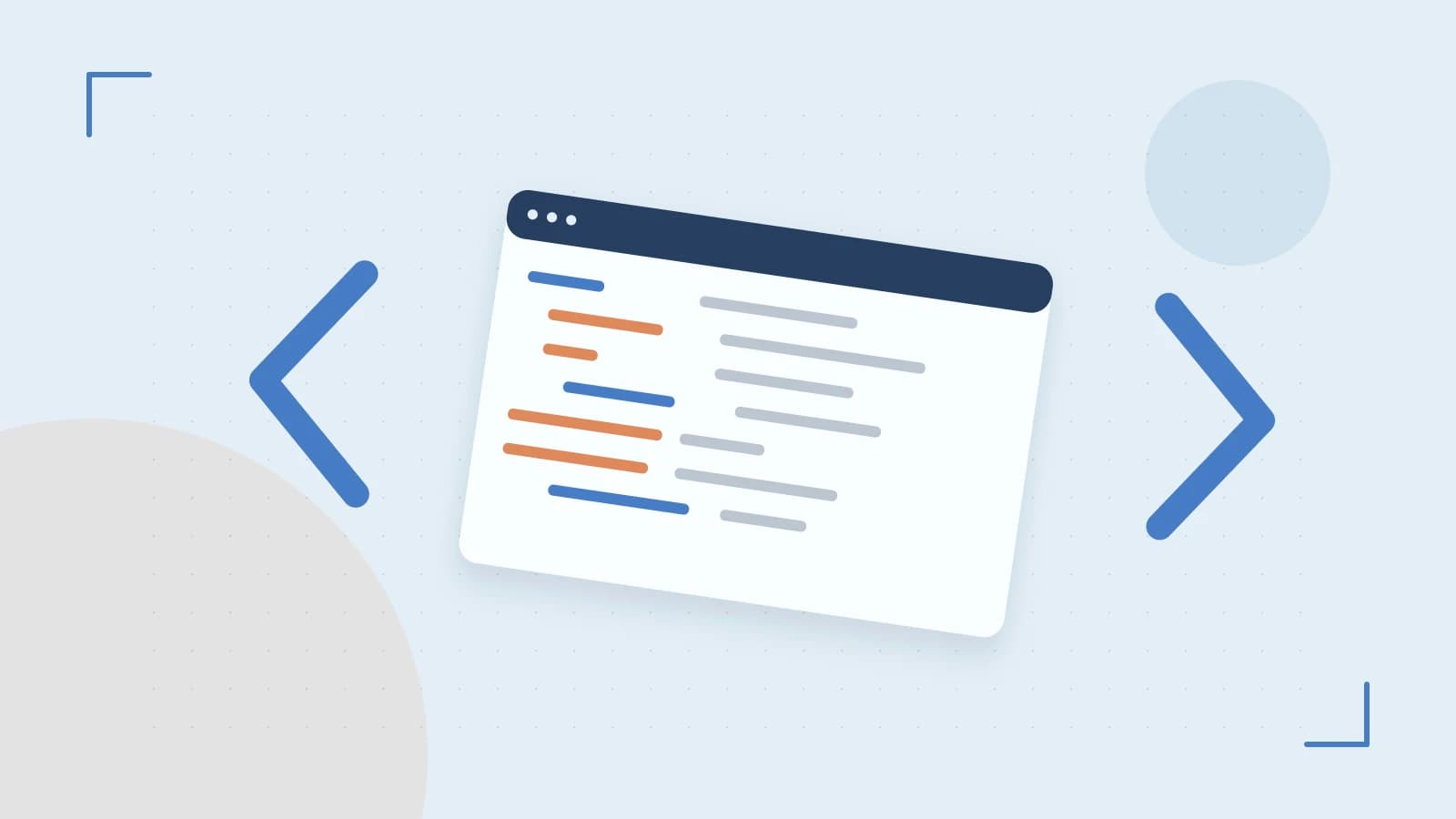 Editorial illustration of an abstract code editor, syntax blocks and oversized programming brackets