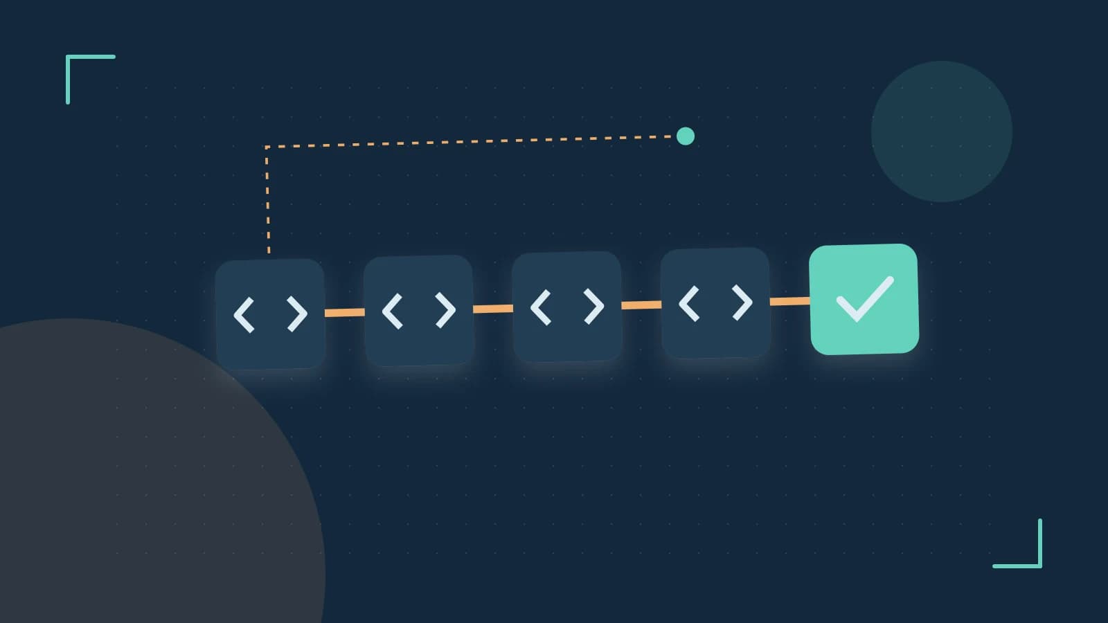 Editorial illustration of a branching build pipeline, staged transformations and a completed check