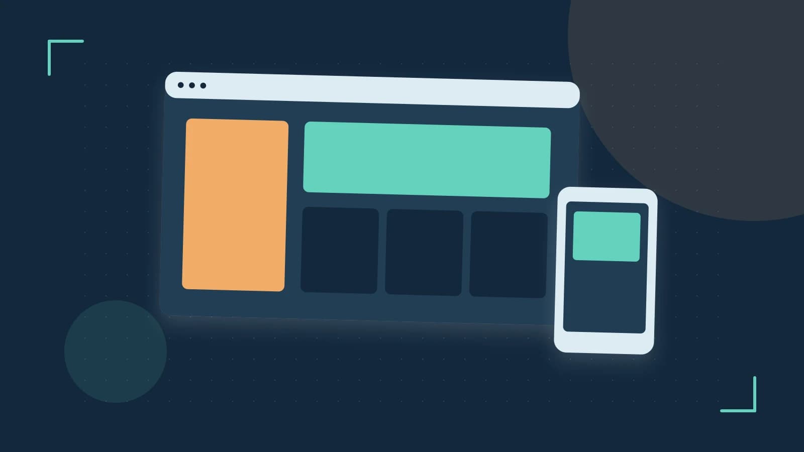 Editorial illustration of responsive browser layouts, overlapping design components and a color system