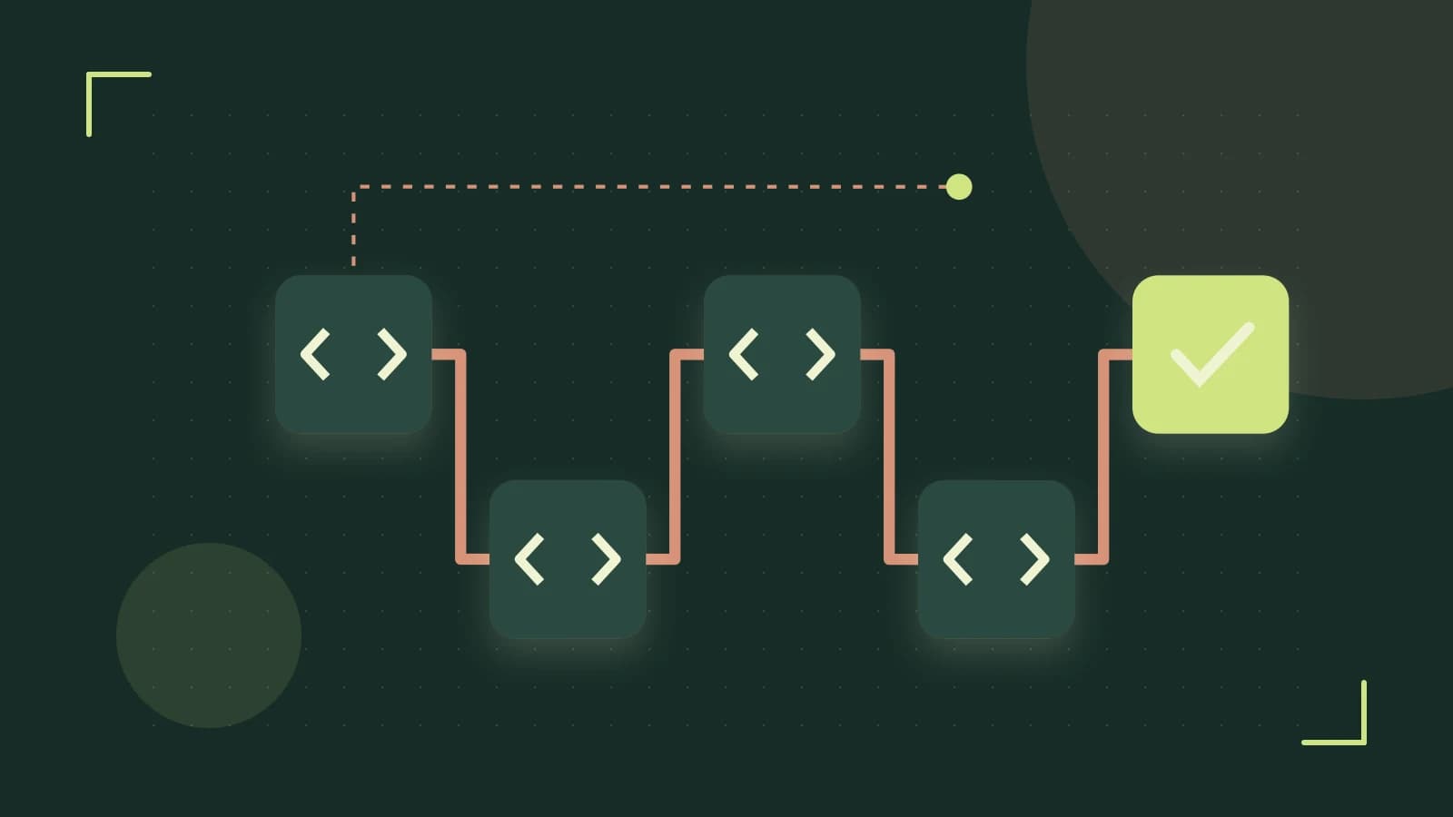 Editorial illustration of a branching build pipeline, staged transformations and a completed check