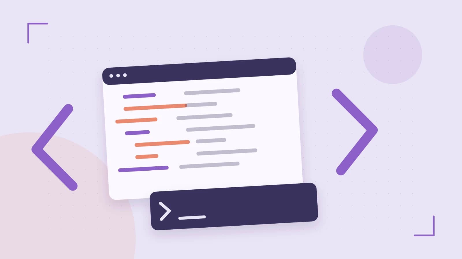Editorial illustration of an abstract code editor, syntax blocks and oversized programming brackets