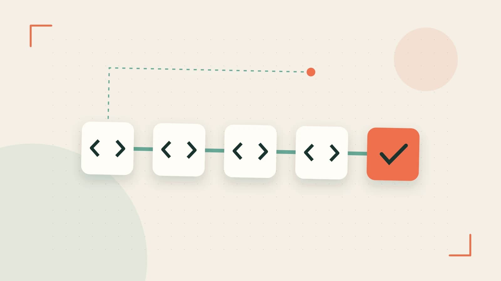 Editorial illustration of a branching build pipeline, staged transformations and a completed check