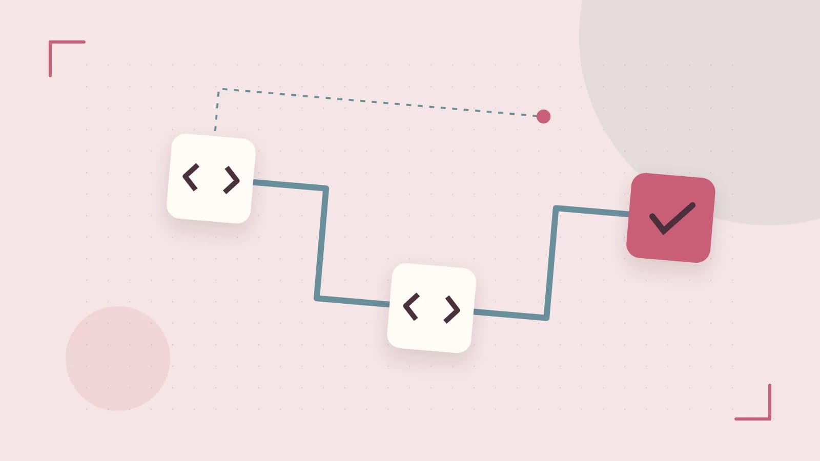 Editorial illustration of a branching build pipeline, staged transformations and a completed check