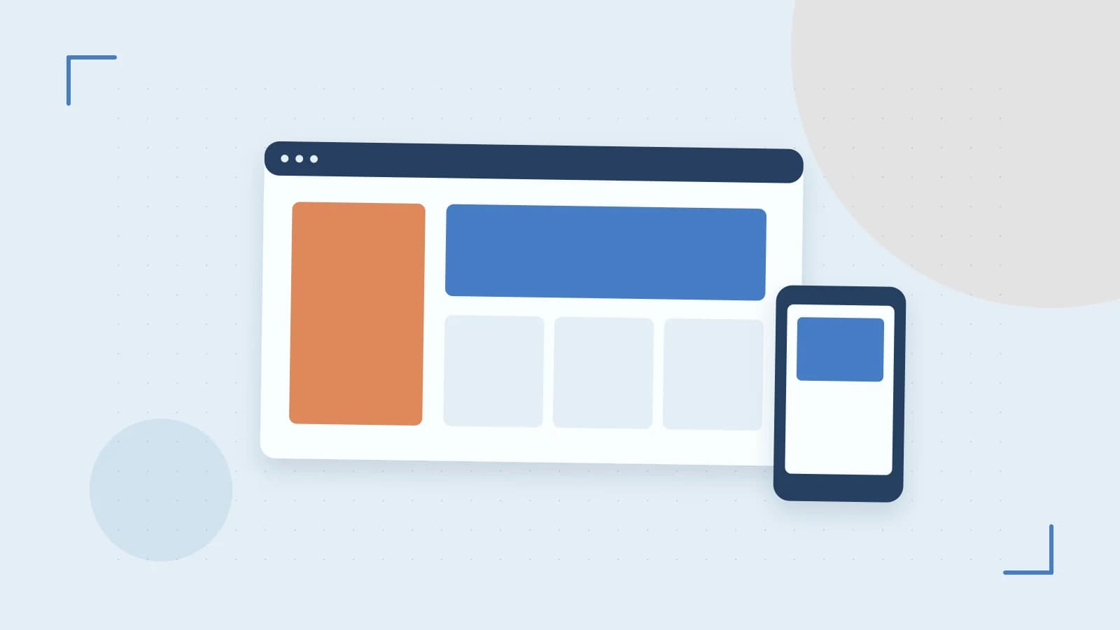 Editorial illustration of responsive browser layouts, overlapping design components and a color system
