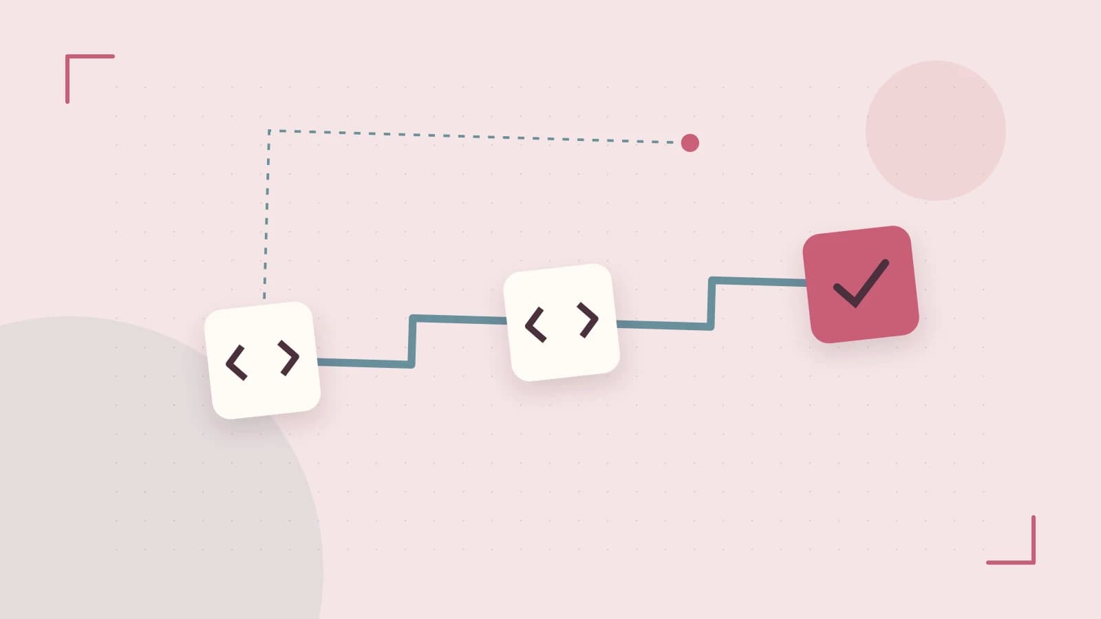 Editorial illustration of a branching build pipeline, staged transformations and a completed check