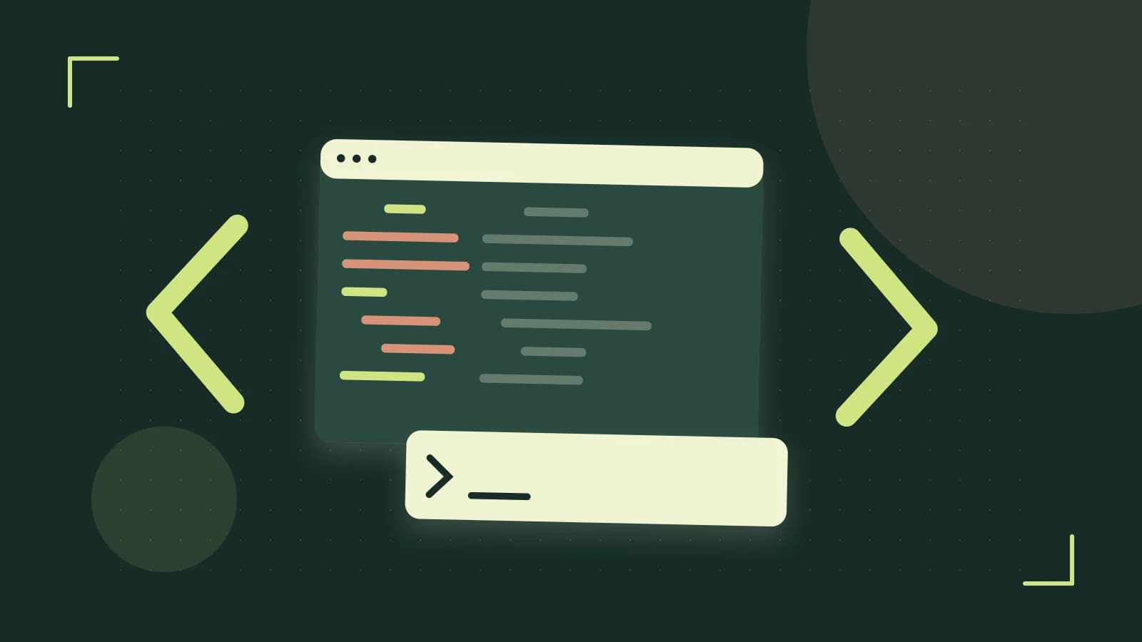 Editorial illustration of an abstract code editor, syntax blocks and oversized programming brackets