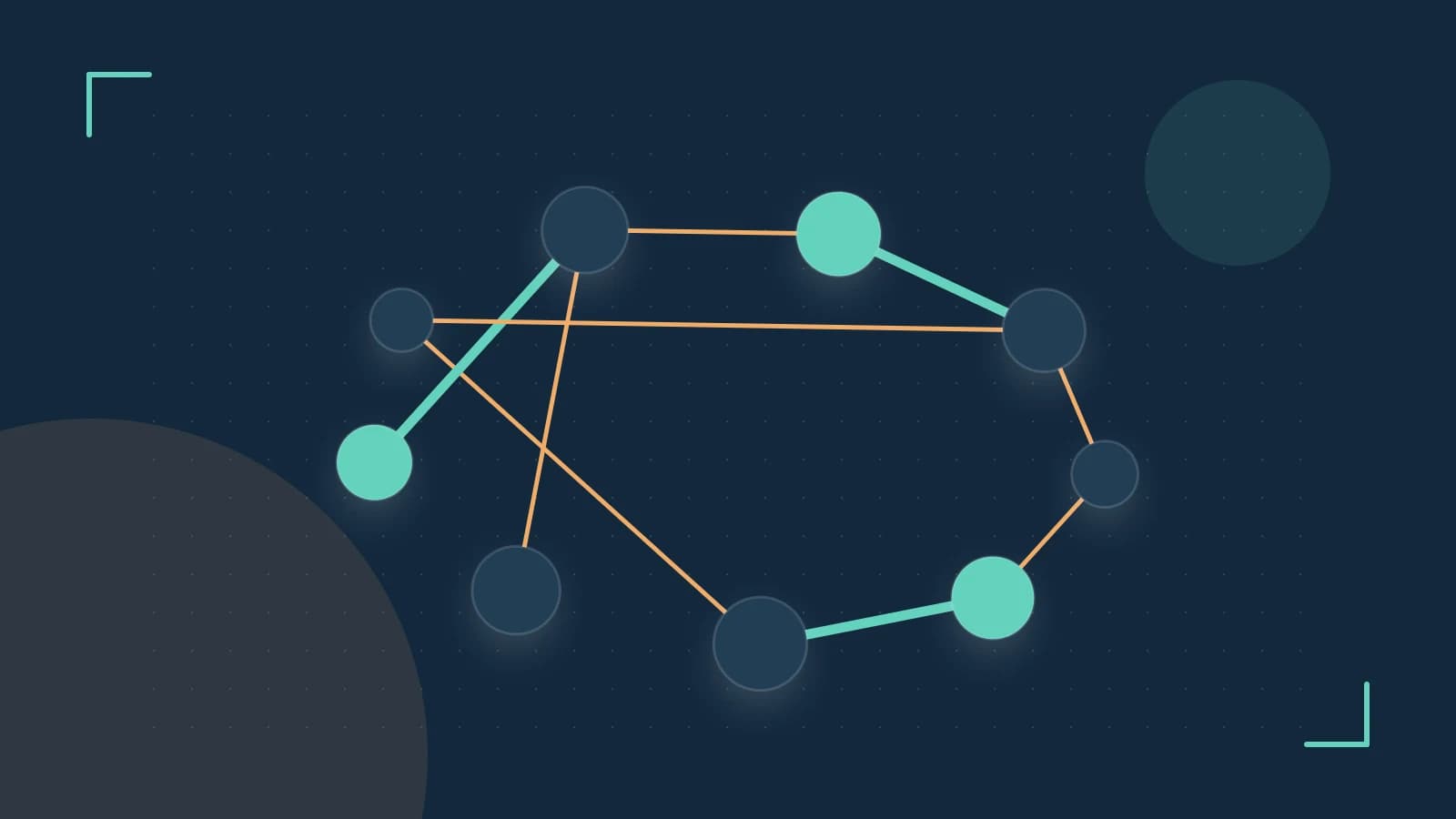 Editorial illustration of an algorithmic node graph with branching paths and a highlighted result
