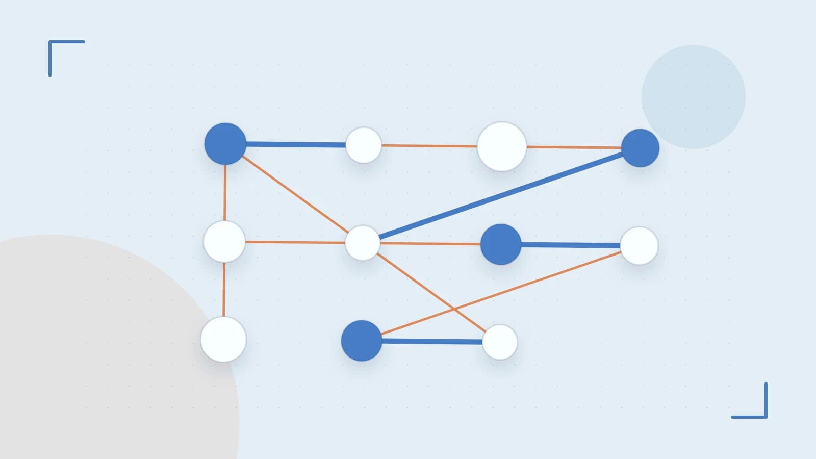 Editorial illustration of an algorithmic node graph with branching paths and a highlighted result