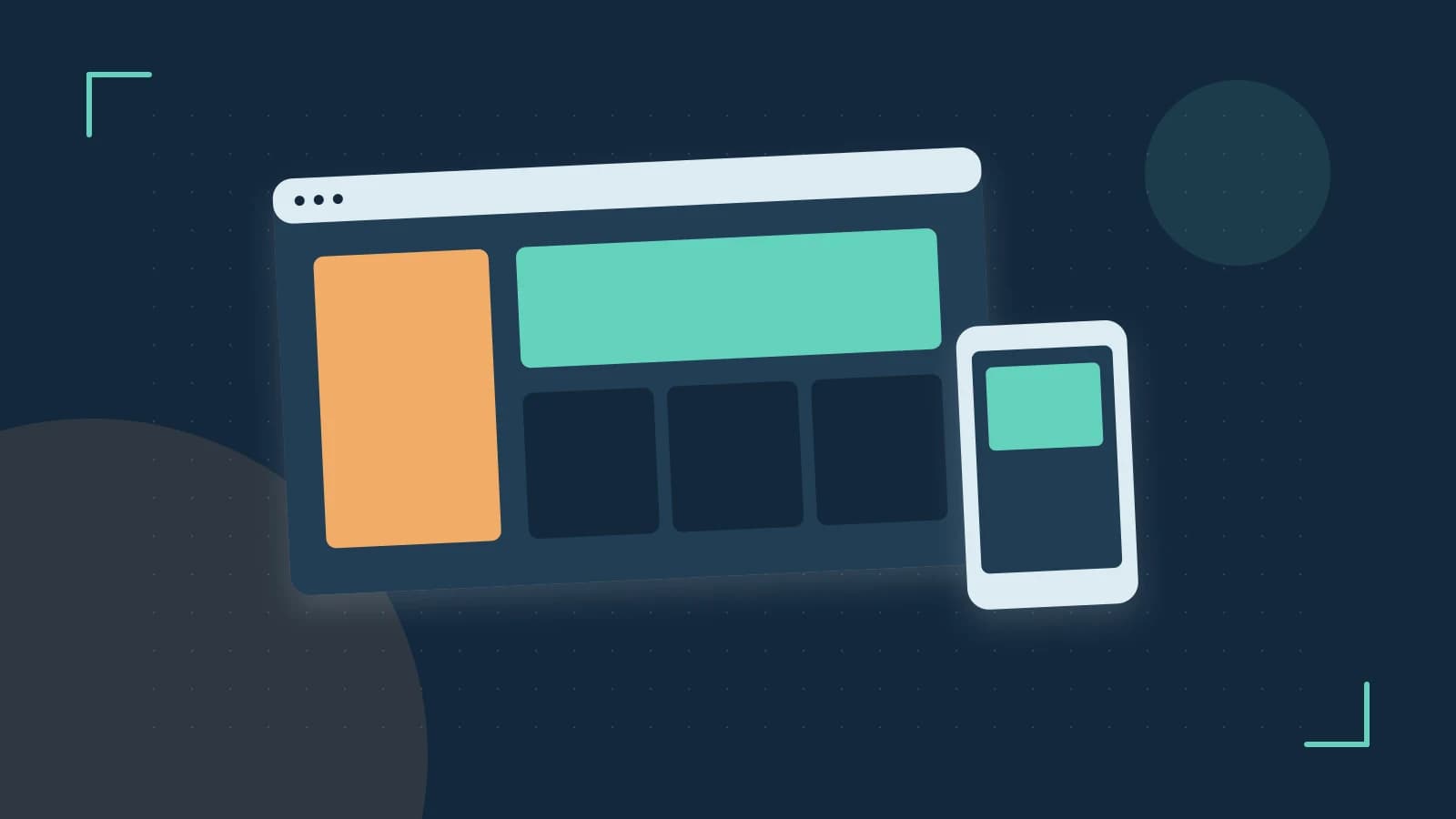 Editorial illustration of responsive browser layouts, overlapping design components and a color system