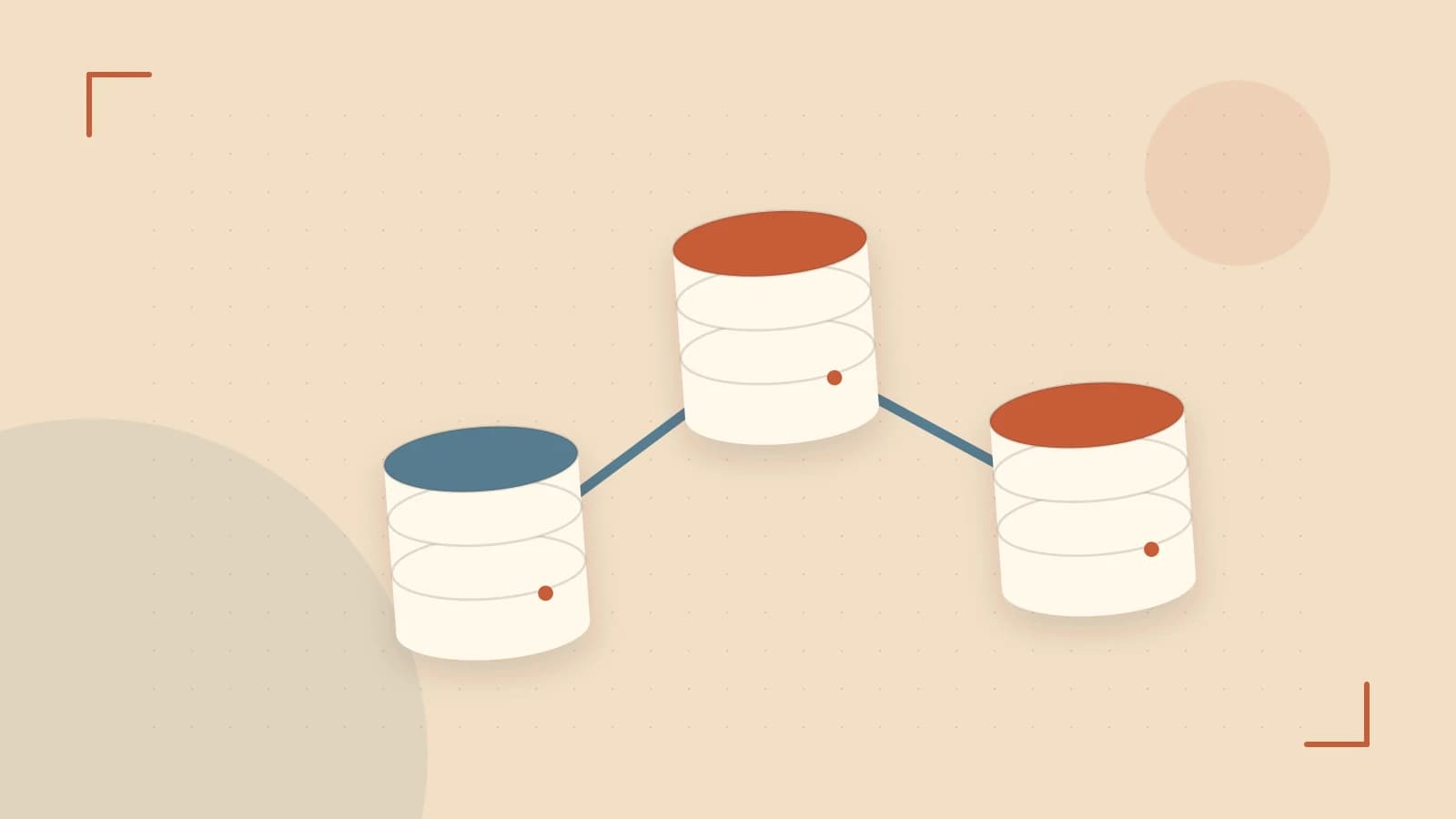 Editorial illustration of structured records, database cylinders and relationships between tables