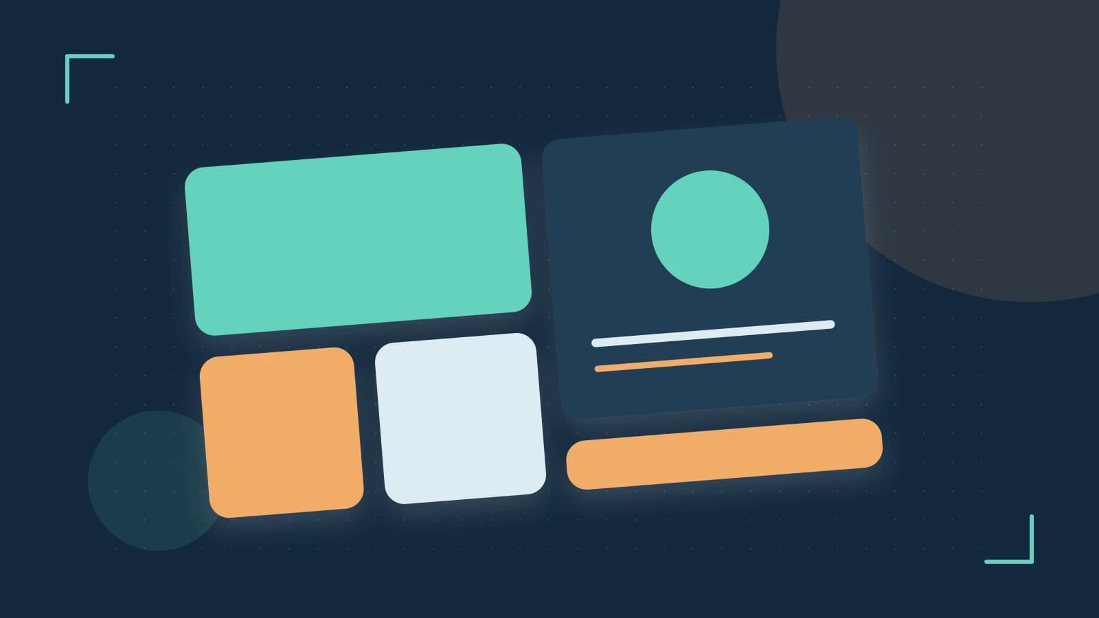 Editorial illustration of responsive browser layouts, overlapping design components and a color system