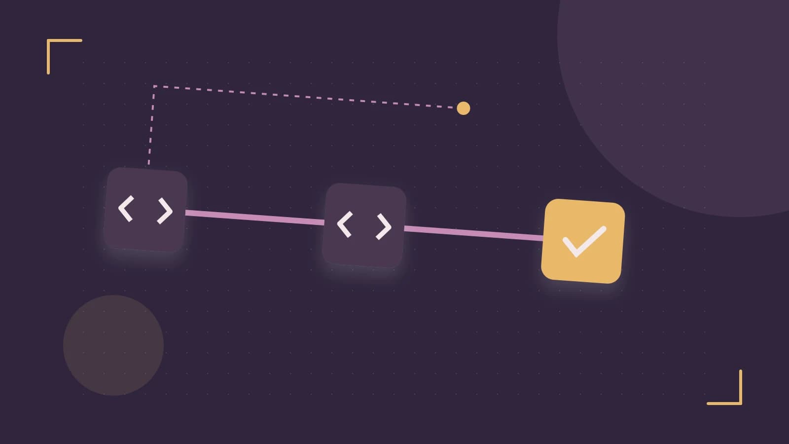 Editorial illustration of a branching build pipeline, staged transformations and a completed check