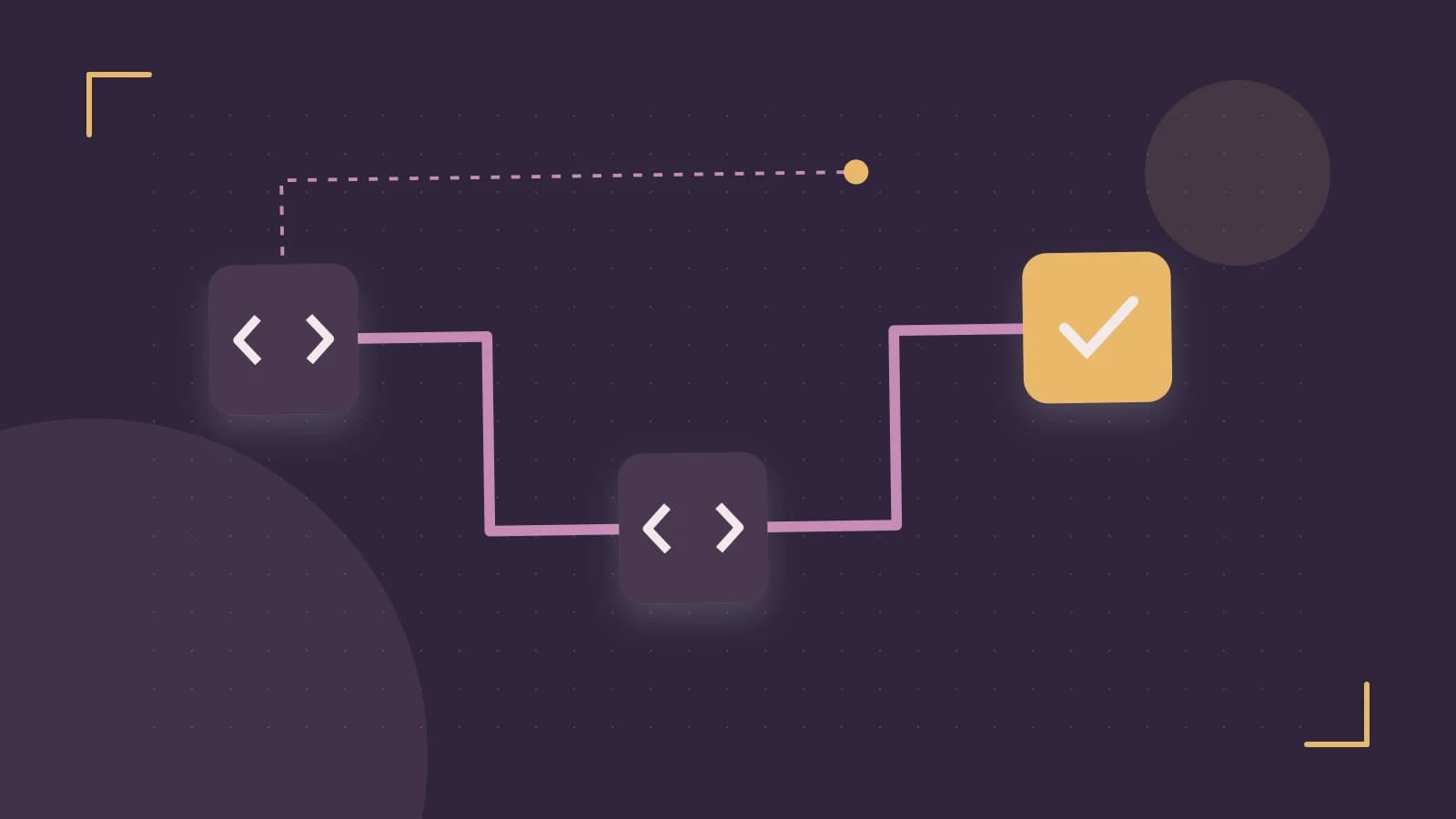 Editorial illustration of a branching build pipeline, staged transformations and a completed check