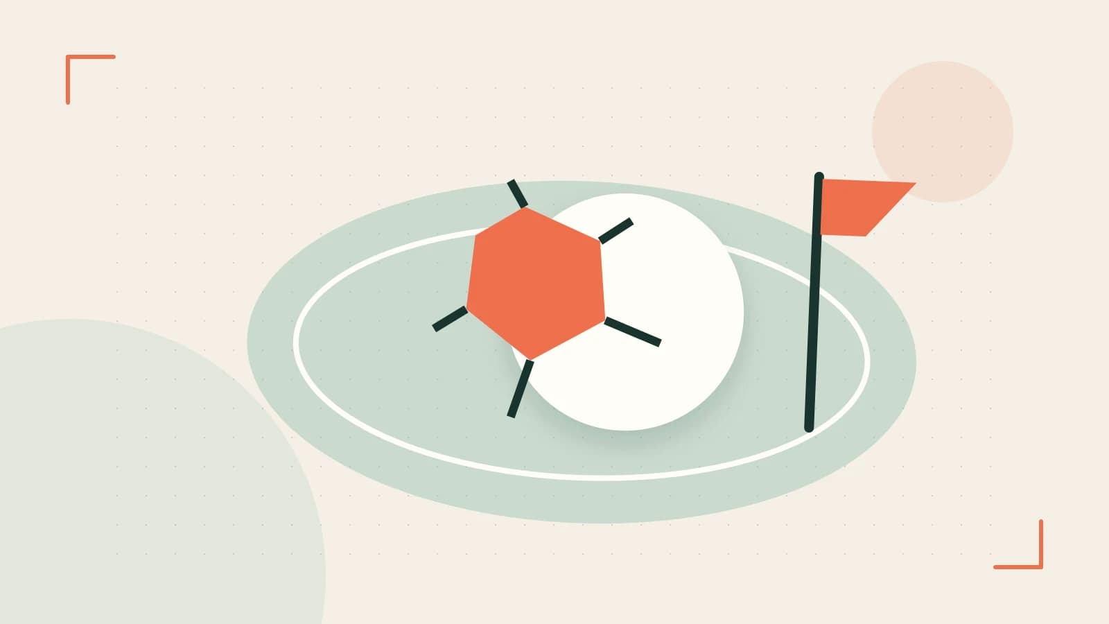 Editorial illustration of a stylized sports ball, stadium geometry and dynamic arcs