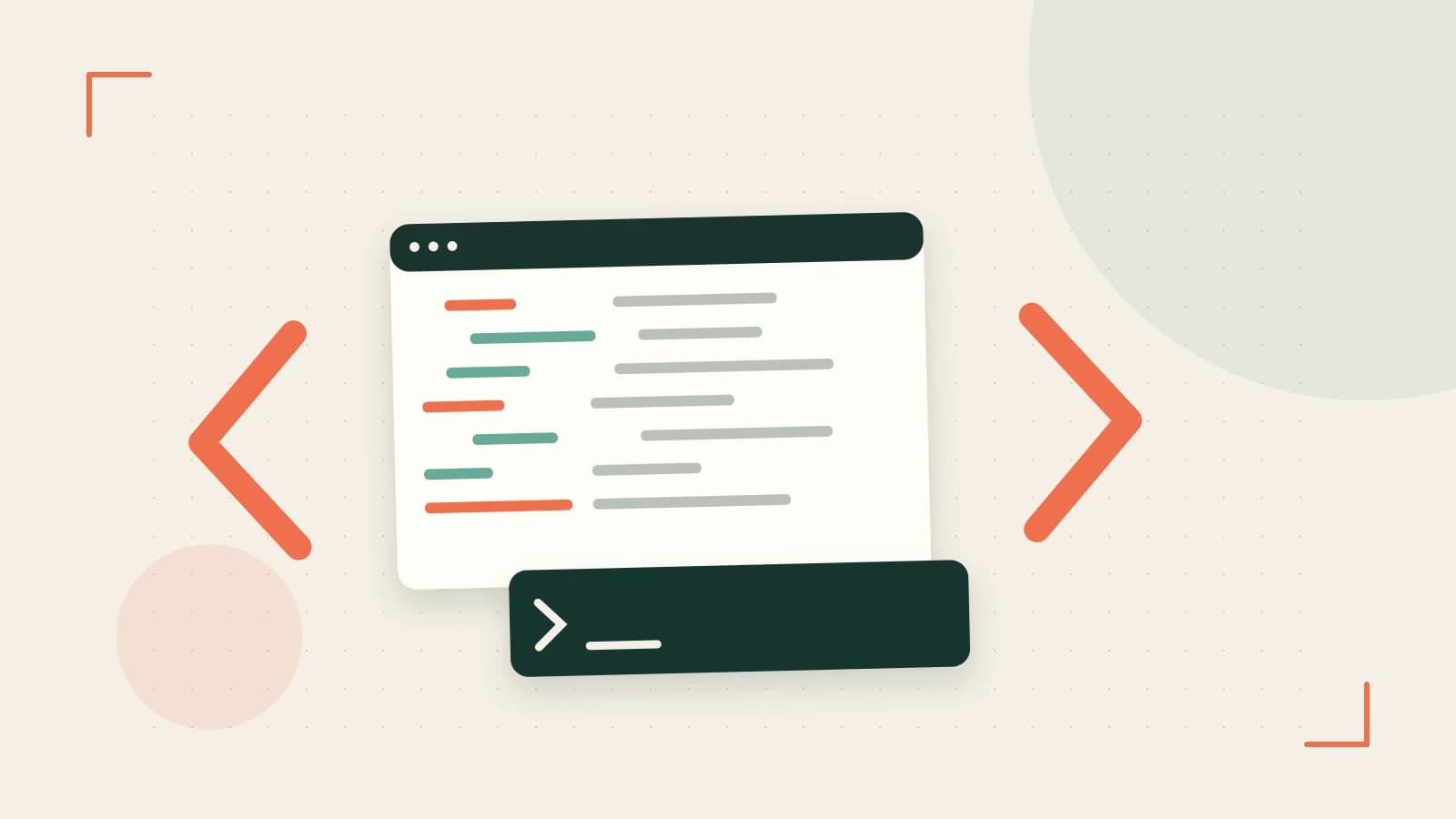 Editorial illustration of an abstract code editor, syntax blocks and oversized programming brackets