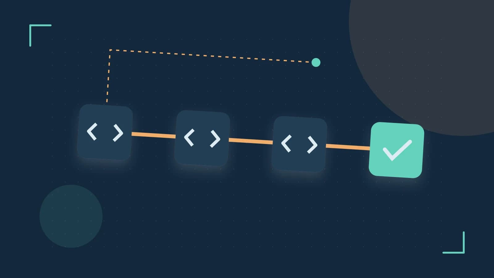 Editorial illustration of a branching build pipeline, staged transformations and a completed check