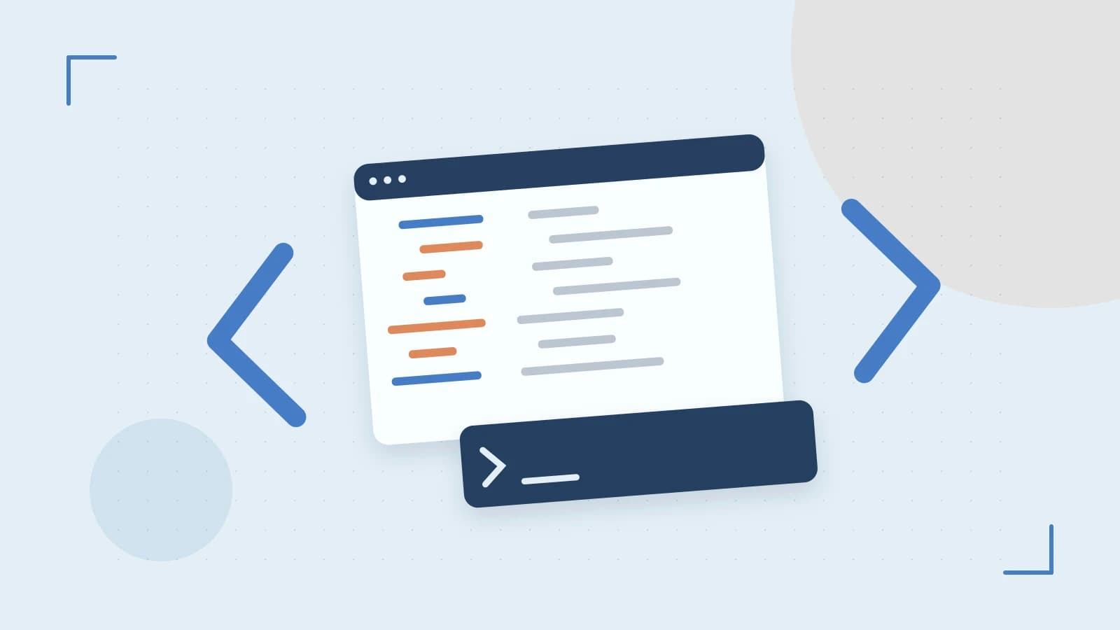 Editorial illustration of an abstract code editor, syntax blocks and oversized programming brackets