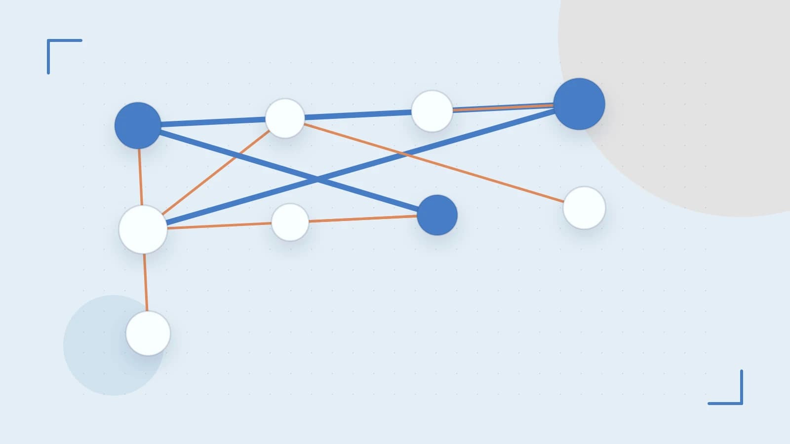 Editorial illustration of an algorithmic node graph with branching paths and a highlighted result