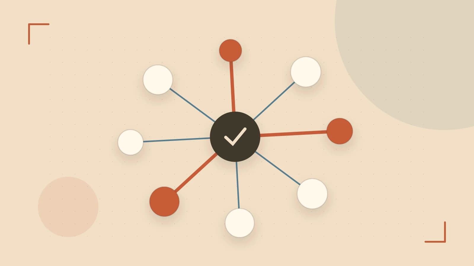 Editorial illustration of an algorithmic node graph with branching paths and a highlighted result