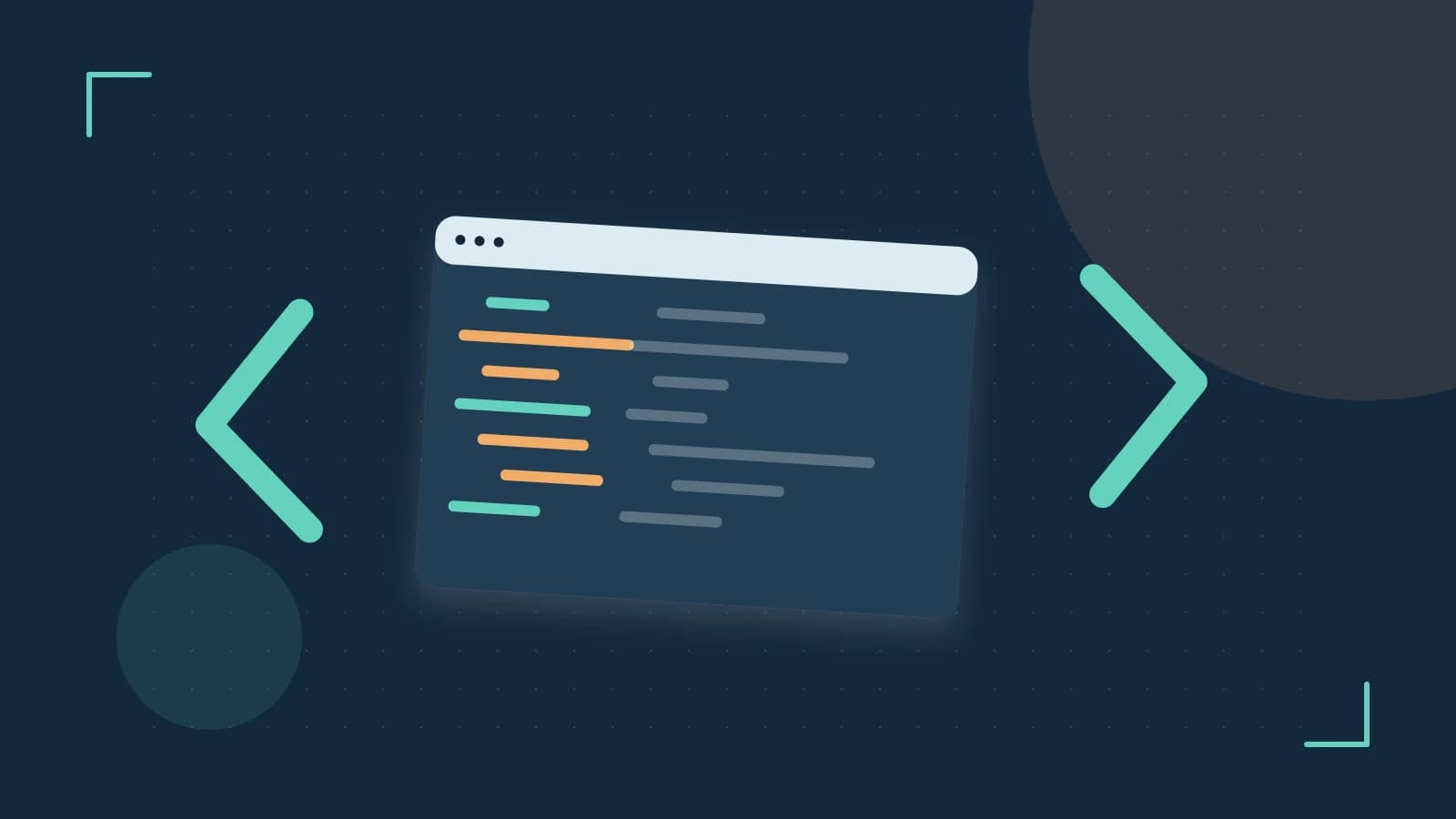 Editorial illustration of an abstract code editor, syntax blocks and oversized programming brackets